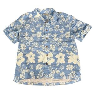 Caribbean Floral Hawaiian Button Shirt Men XL Blue White Coastal Resort Vacation